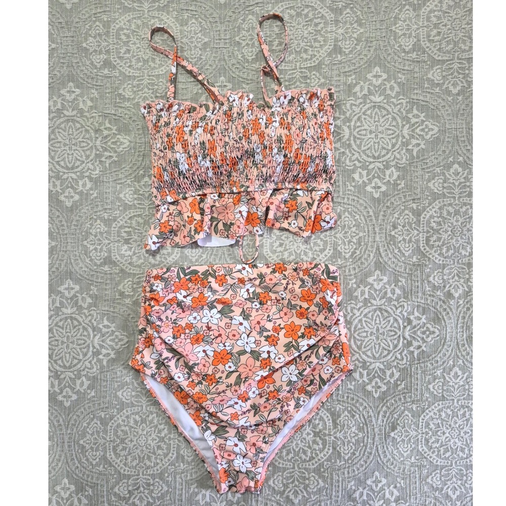 Unbranded Floral High Waisted Bikini Set Smocked Peplum Top Orange White Small